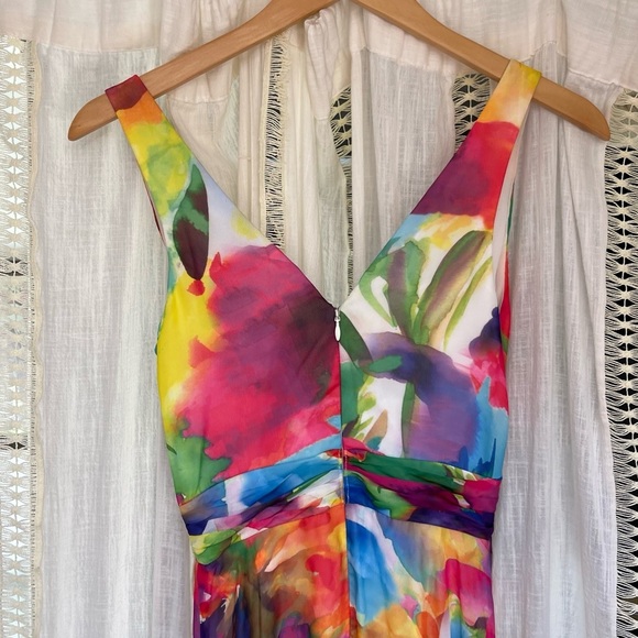 Liv Foster Abstract Floral Print Tie Dye Boho Deep V-Neck Cutout Gown 0, XS/S - Picture 6 of 10